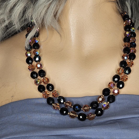 Vintage Jewelry - Vintage Black and Amber Faceted Lucite Beaded Double Strand Necklace 20"